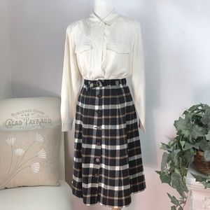 Vintage Plaid 100% Soft Wool Button Front Black Brown Cream Skirt